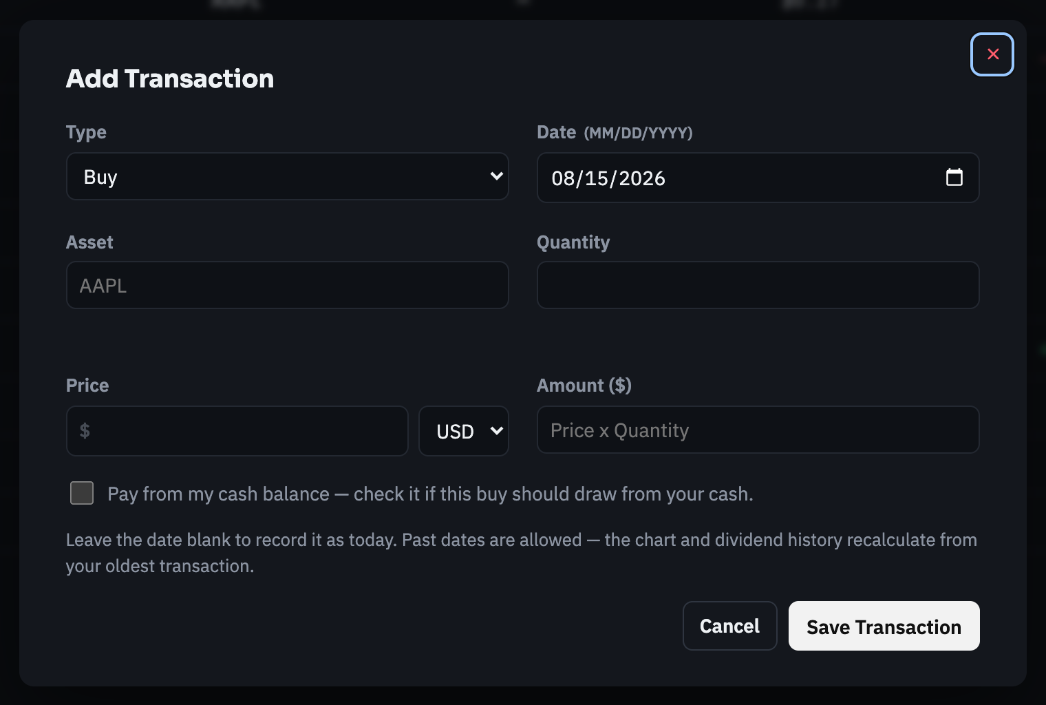 The Add Transaction dialog